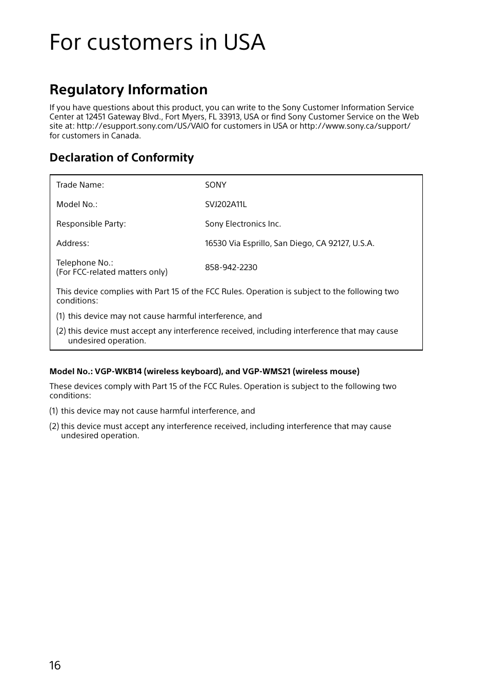 For customers in usa, Regulatory information, Declaration of conformity | Sony SVJ20214CYB User Manual | Page 16 / 36