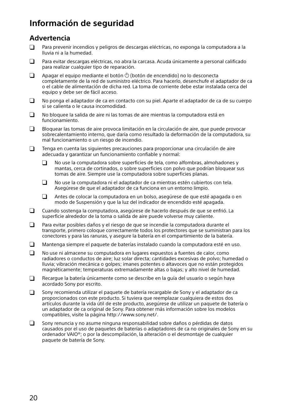 Información de seguridad, Advertencia | Sony SVJ20214CYB User Manual | Page 20 / 36