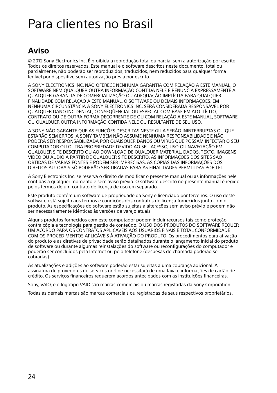 Para clientes no brasil, Aviso | Sony SVJ20214CYB User Manual | Page 24 / 36