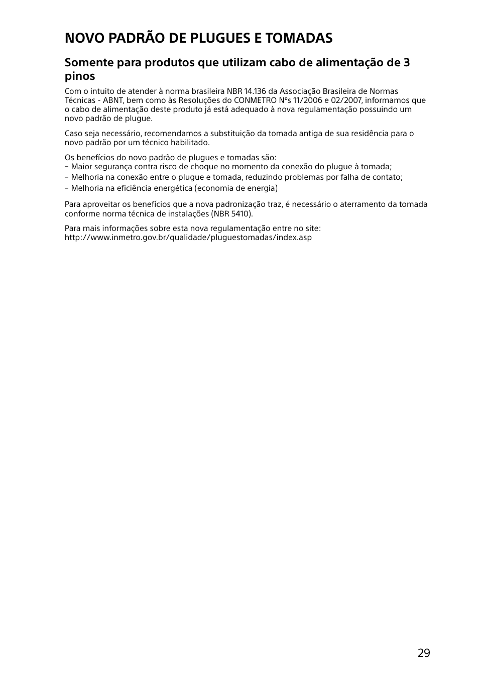 Novo padrão de plugues e tomadas | Sony SVJ20214CYB User Manual | Page 29 / 36