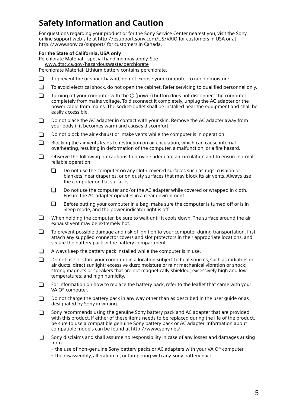 Safety information and caution | Sony SVJ20214CYB User Manual | Page 5 / 36