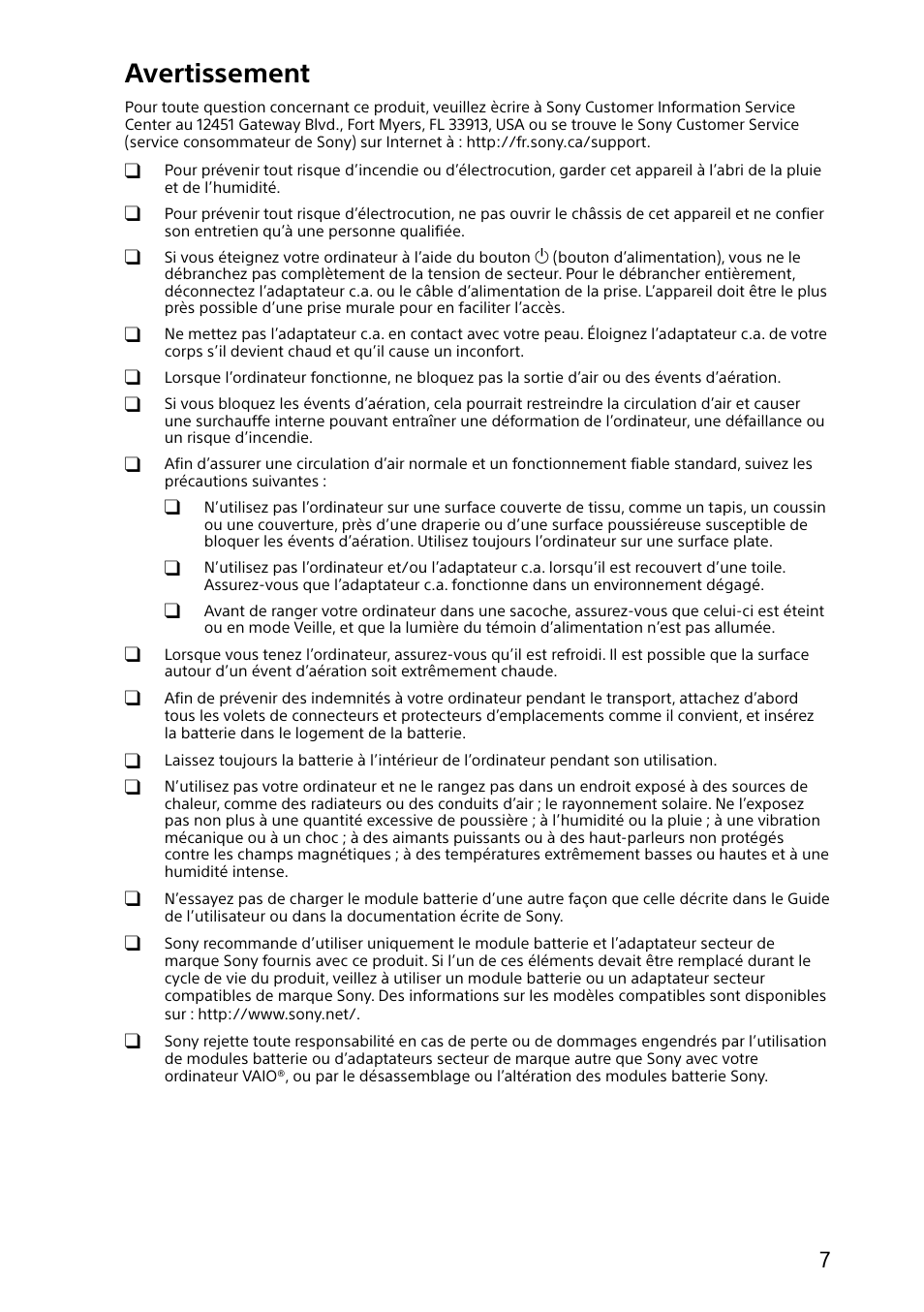 Avertissement | Sony SVJ20214CYB User Manual | Page 7 / 36