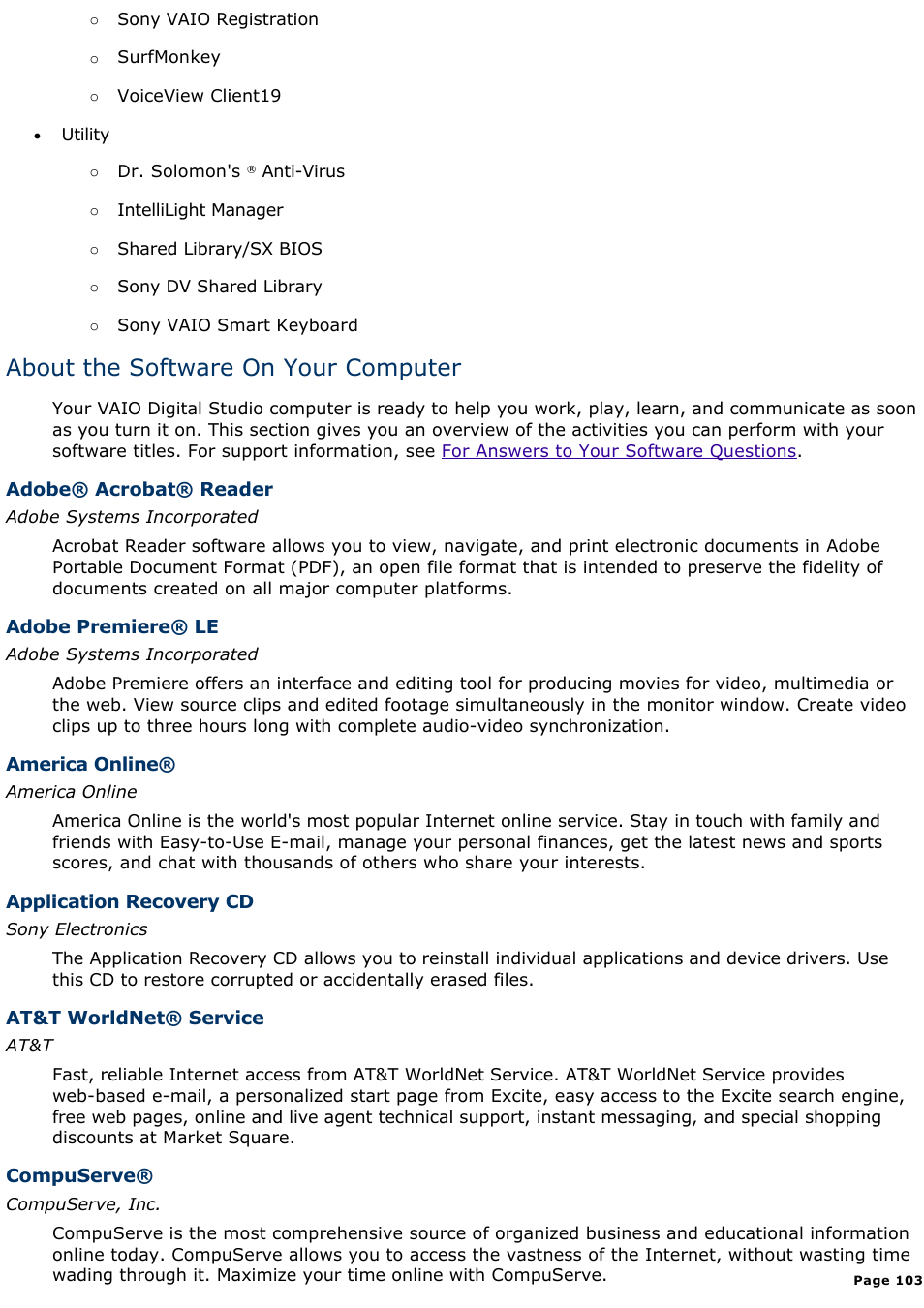 About the software on your computer | Sony PCV-E314DS User Manual | Page 103 / 855