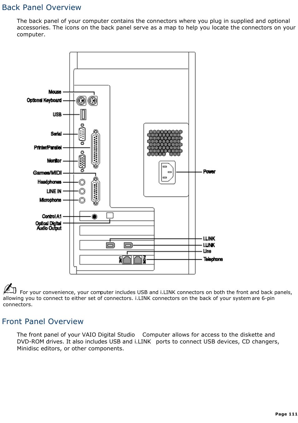 Back panel overview, Front panel overview | Sony PCV-E314DS User Manual | Page 111 / 855