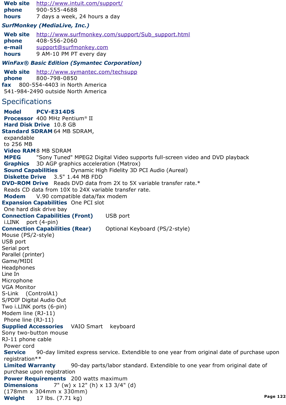 Specifications | Sony PCV-E314DS User Manual | Page 122 / 855