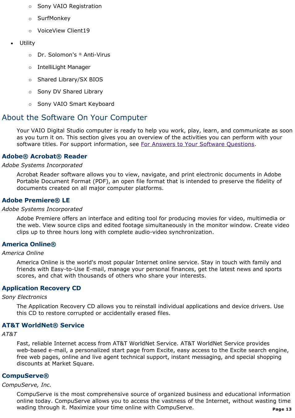 About the software on your computer | Sony PCV-E314DS User Manual | Page 13 / 855