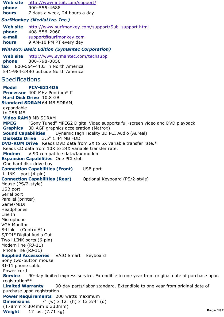 Specifications | Sony PCV-E314DS User Manual | Page 182 / 855