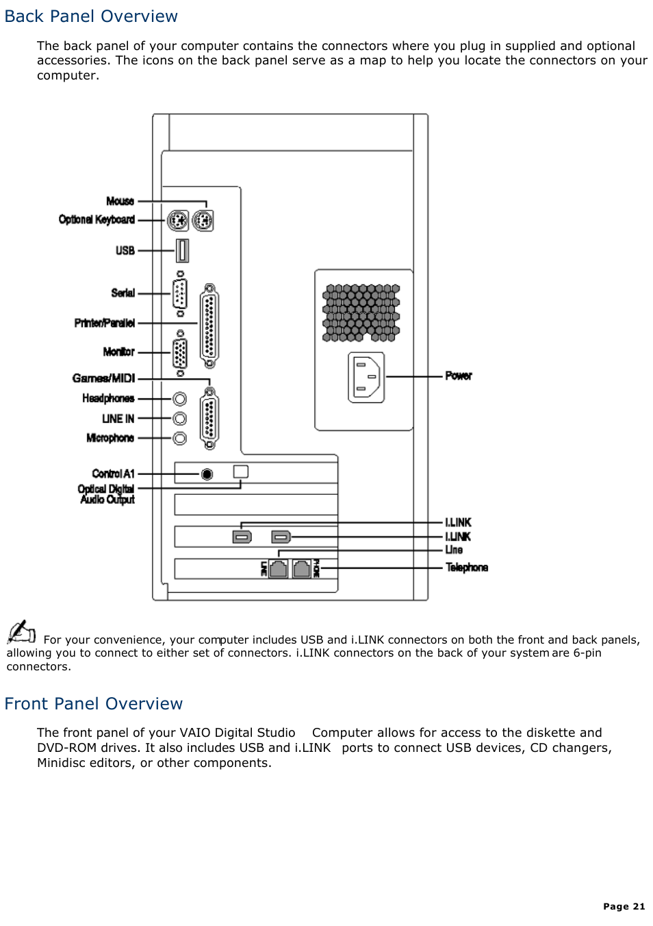 Back panel overview, Front panel overview | Sony PCV-E314DS User Manual | Page 21 / 855