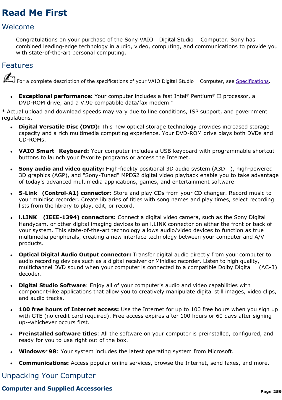 Restoring outlook™ 98, Read me first, Welcome | Features, Unpacking your computer | Sony PCV-E314DS User Manual | Page 259 / 855