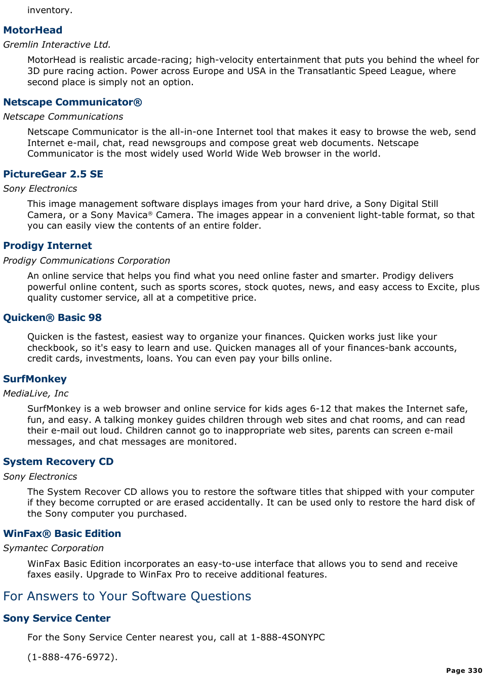 For answers to your software questions | Sony PCV-E314DS User Manual | Page 330 / 855
