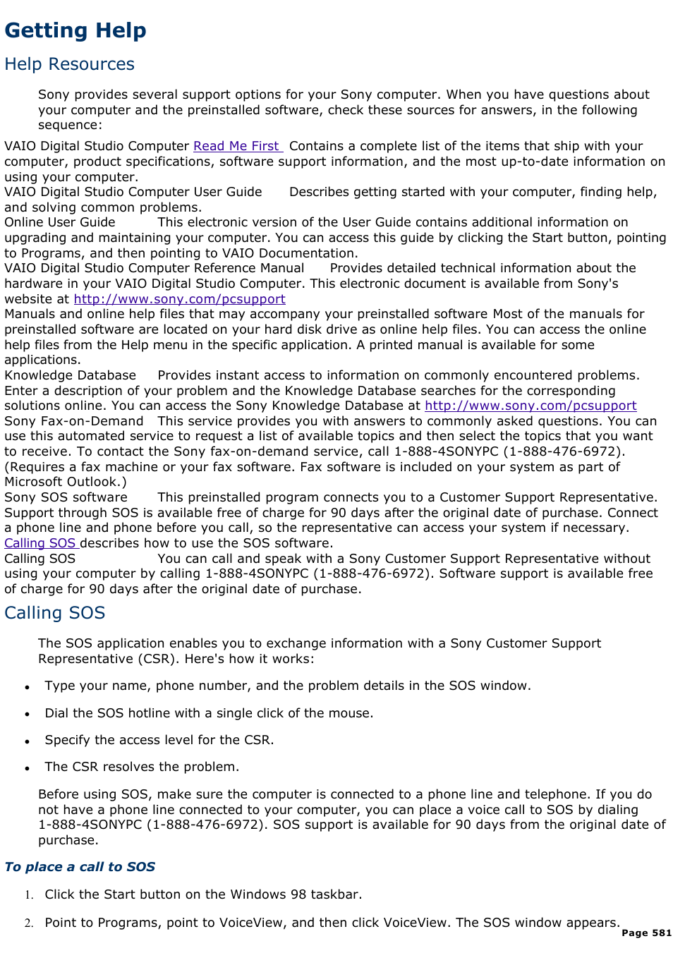 Getting help, Help resources, Calling sos | Sony PCV-E314DS User Manual | Page 581 / 855