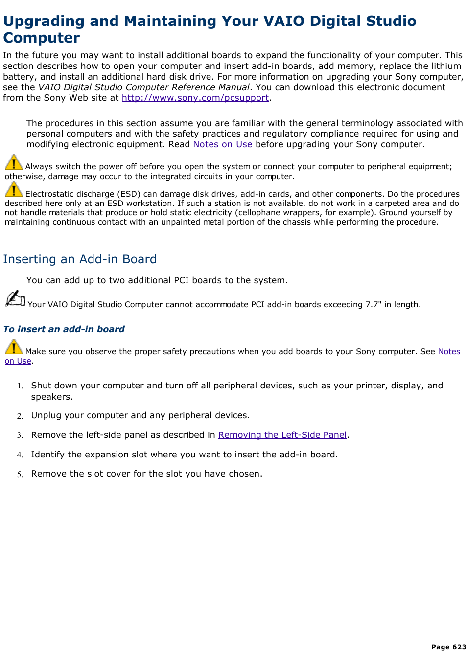 Inserting an add-in board | Sony PCV-E314DS User Manual | Page 623 / 855