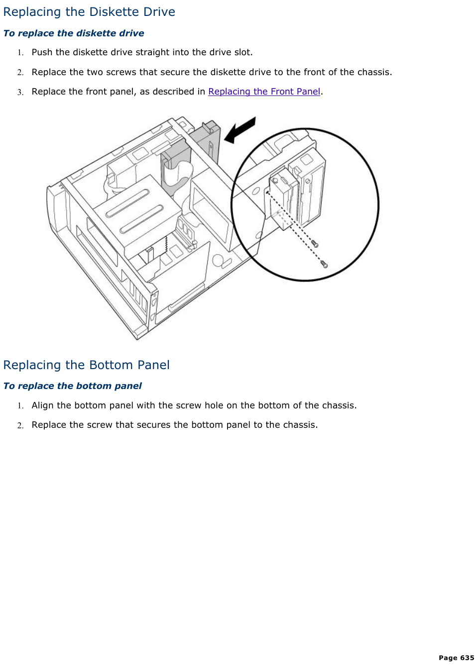 Replacing the diskette drive, Replacing the bottom panel | Sony PCV-E314DS User Manual | Page 635 / 855