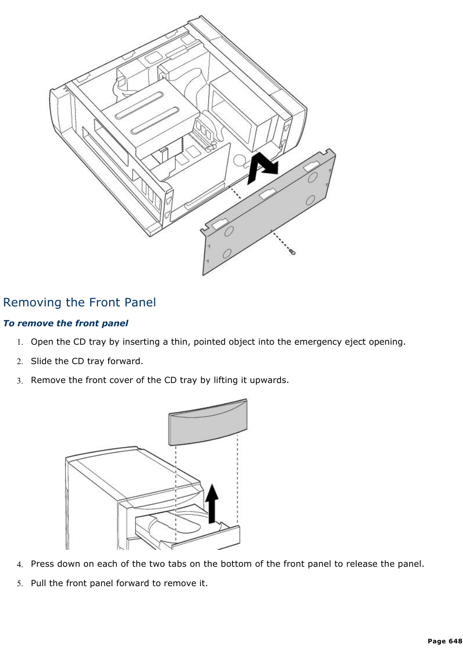 Removing the front panel | Sony PCV-E314DS User Manual | Page 648 / 855