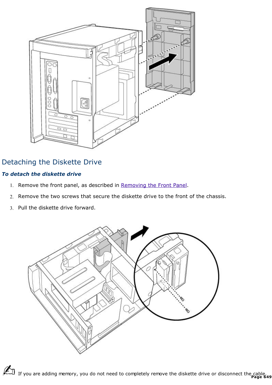 Detaching the diskette drive | Sony PCV-E314DS User Manual | Page 649 / 855