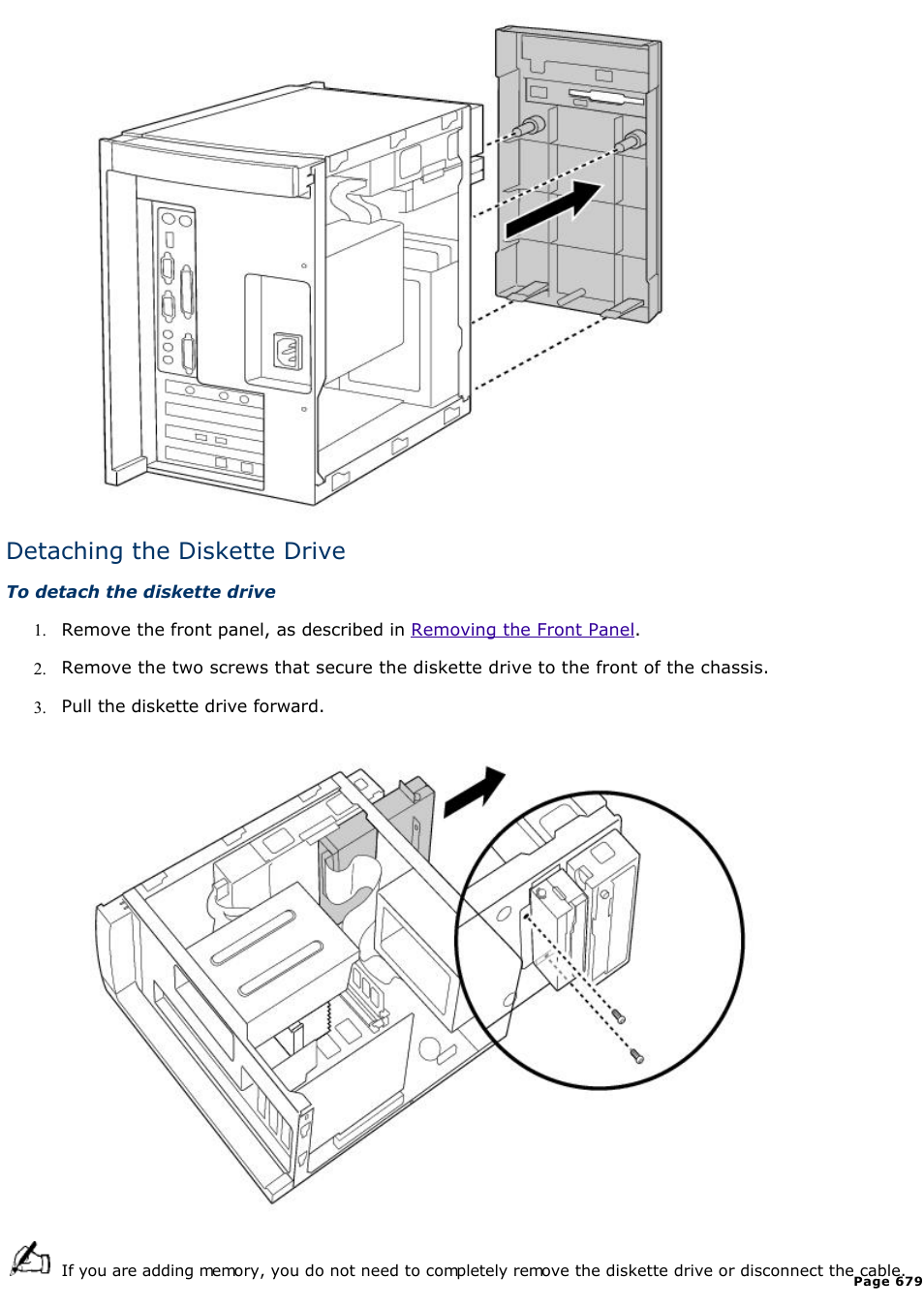 Detaching the diskette drive | Sony PCV-E314DS User Manual | Page 679 / 855