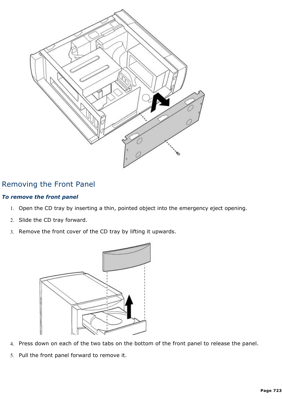 Removing the front panel | Sony PCV-E314DS User Manual | Page 723 / 855