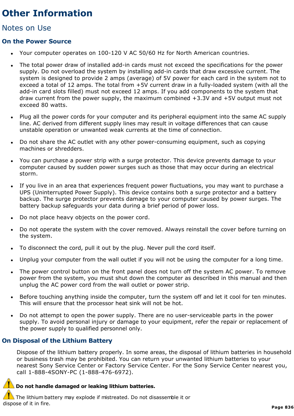 On moisture condensation, Other information | Sony PCV-E314DS User Manual | Page 836 / 855