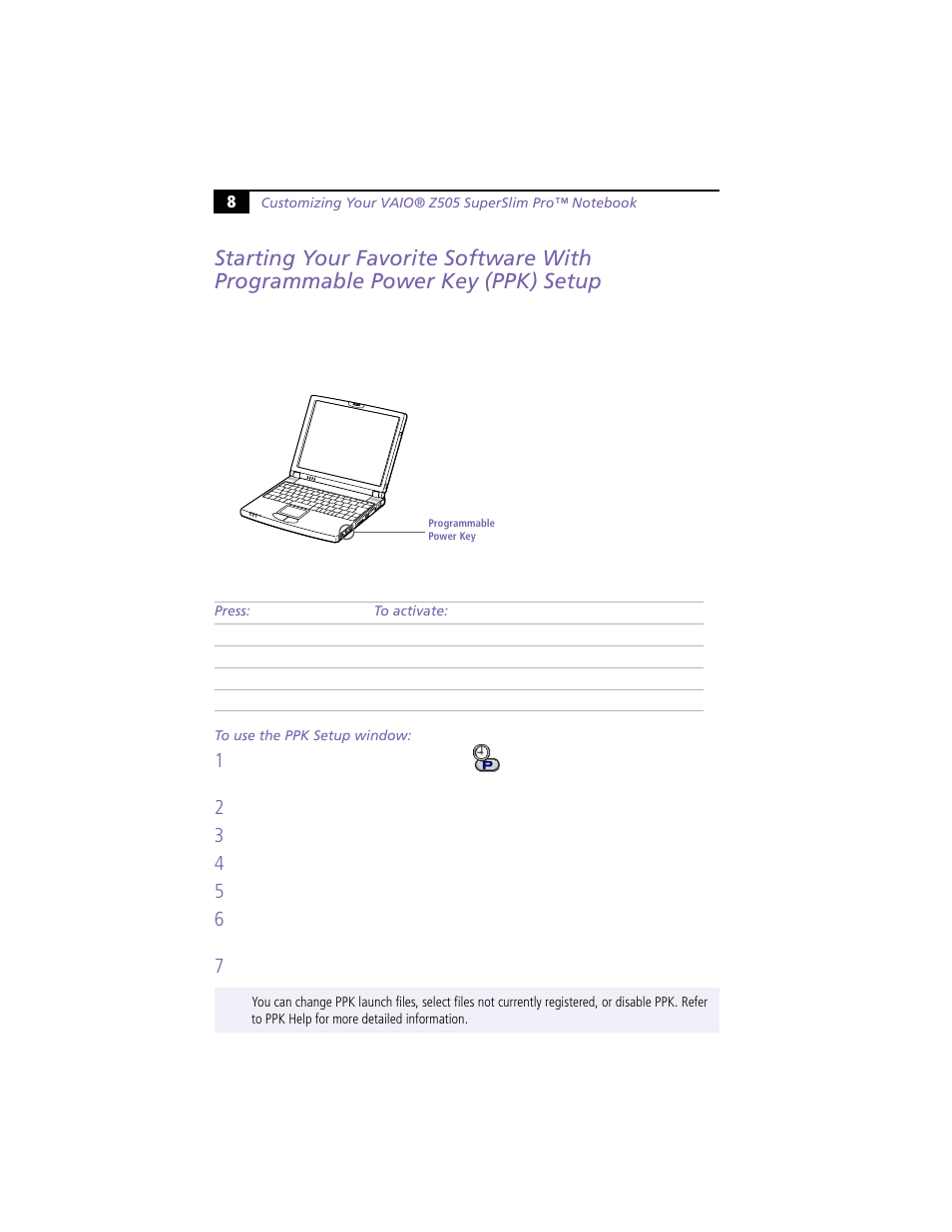 To use the ppk setup window | Sony PCG-Z505HSK User Manual | Page 8 / 14