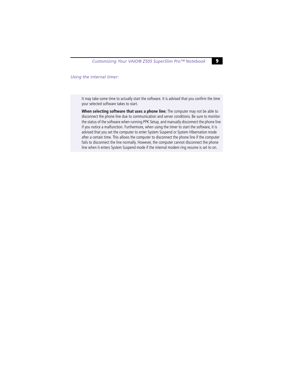 Using the internal timer | Sony PCG-Z505HSK User Manual | Page 9 / 14