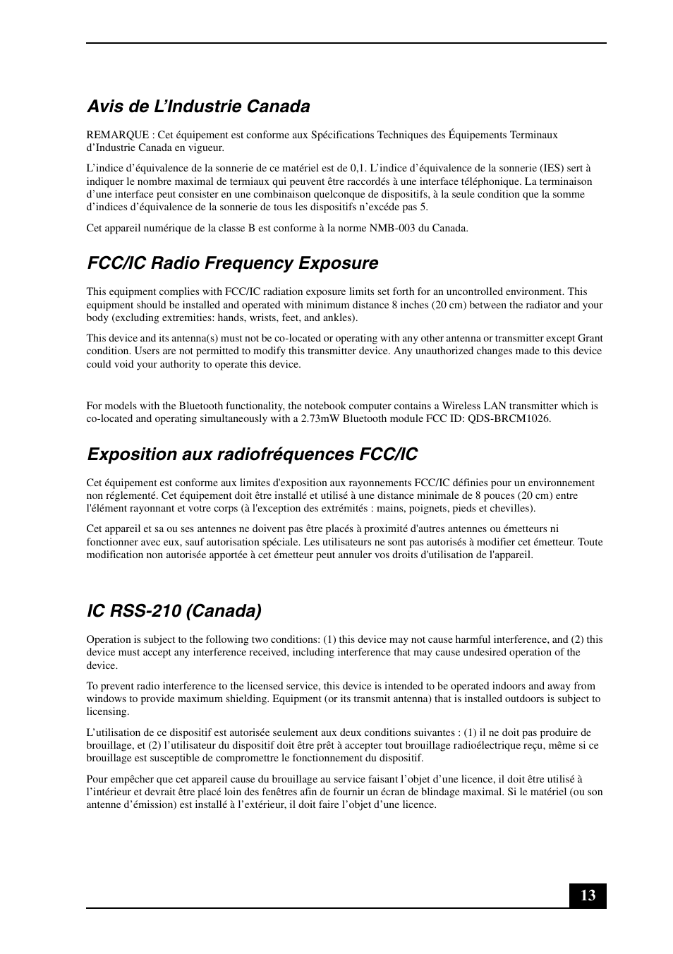 Avis de l’industrie canada, Fcc/ic radio frequency exposure, Exposition aux radiofréquences fcc/ic | Ic rss-210 (canada) | Sony VGN-Z698Y User Manual | Page 13 / 28