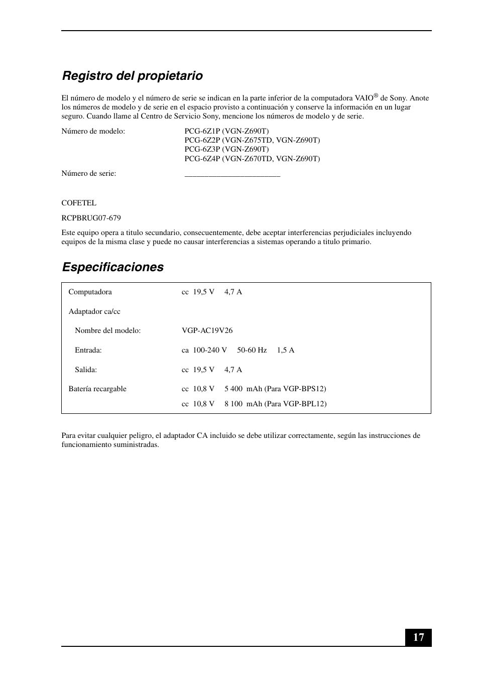 Registro del propietario, Especificaciones | Sony VGN-Z698Y User Manual | Page 17 / 28