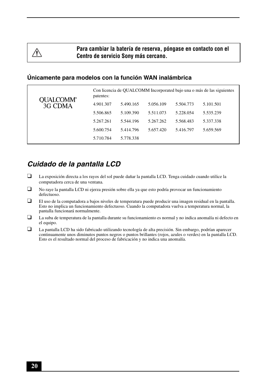 Cuidado de la pantalla lcd | Sony VGN-Z698Y User Manual | Page 20 / 28