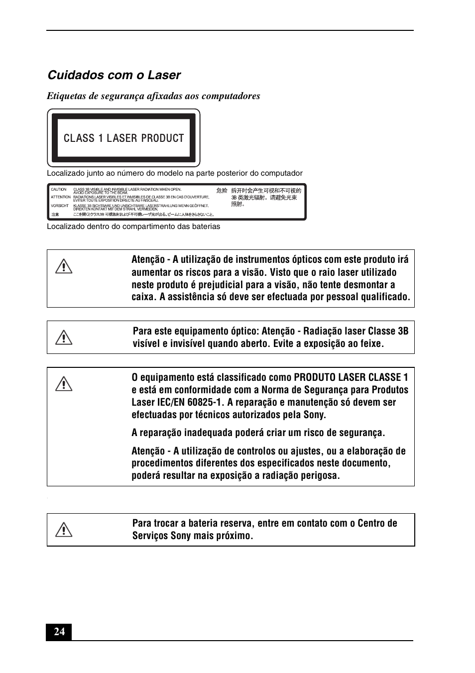 Cuidados com o laser | Sony VGN-Z698Y User Manual | Page 24 / 28