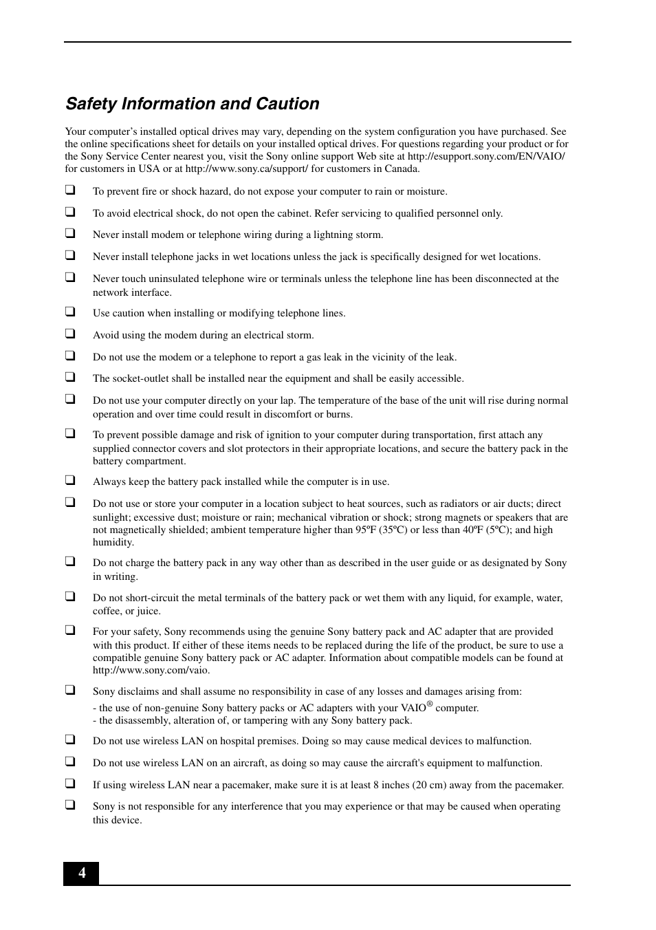 Safety information and caution | Sony VGN-Z698Y User Manual | Page 4 / 28