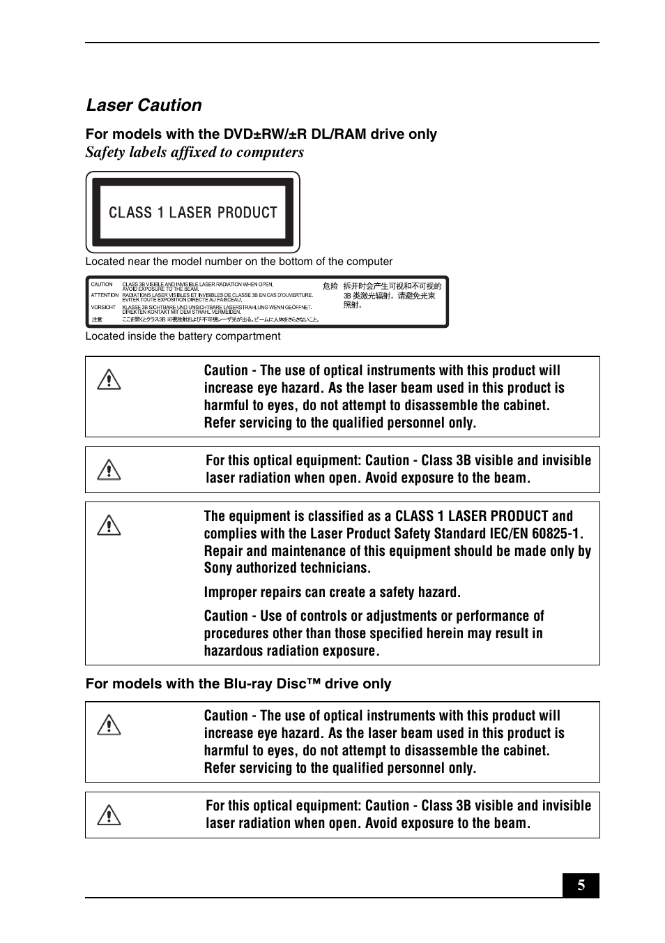 Laser caution | Sony VGN-Z698Y User Manual | Page 5 / 28