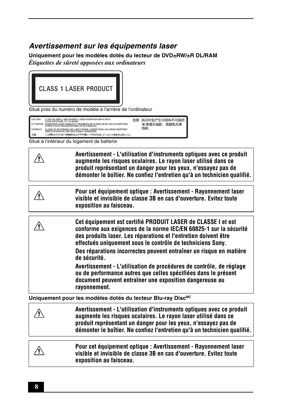 Avertissement sur les équipements laser | Sony VGN-Z698Y User Manual | Page 8 / 28