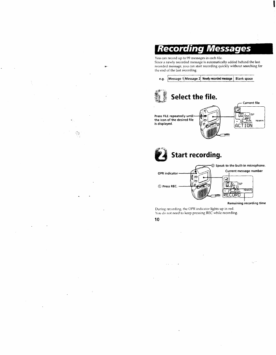 Recording messages, Start recording | Sony ICD-80 User Manual | Page 10 / 52