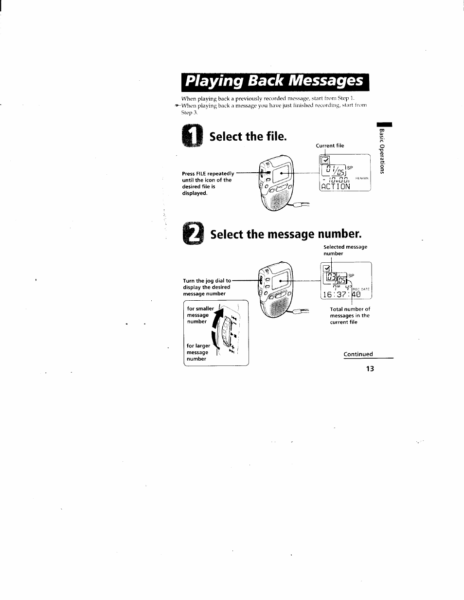Playing back messages, Select the file, Select the message number | Sony ICD-80 User Manual | Page 13 / 52