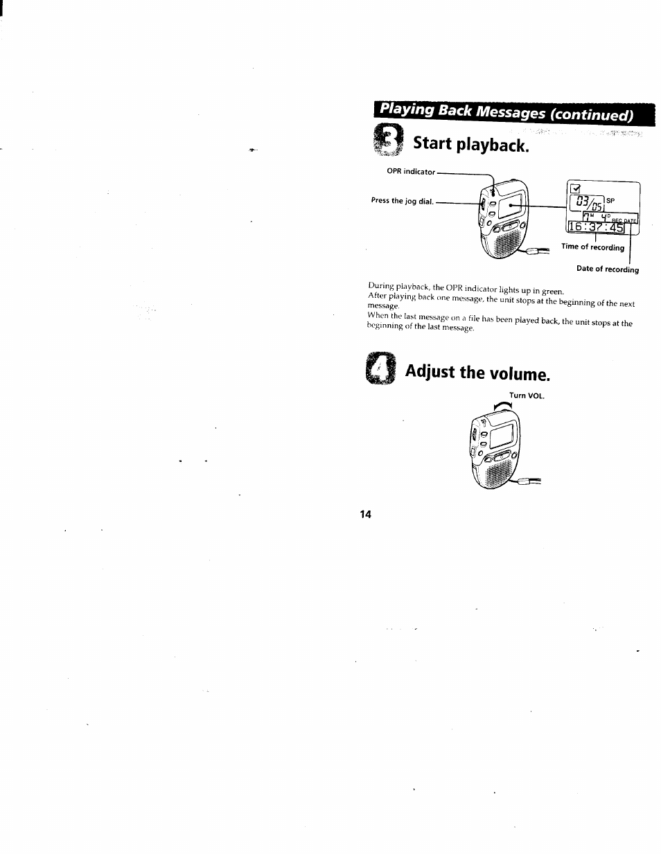 Playing back messages (continued), Start playback, Adjust the volume | Sony ICD-80 User Manual | Page 14 / 52