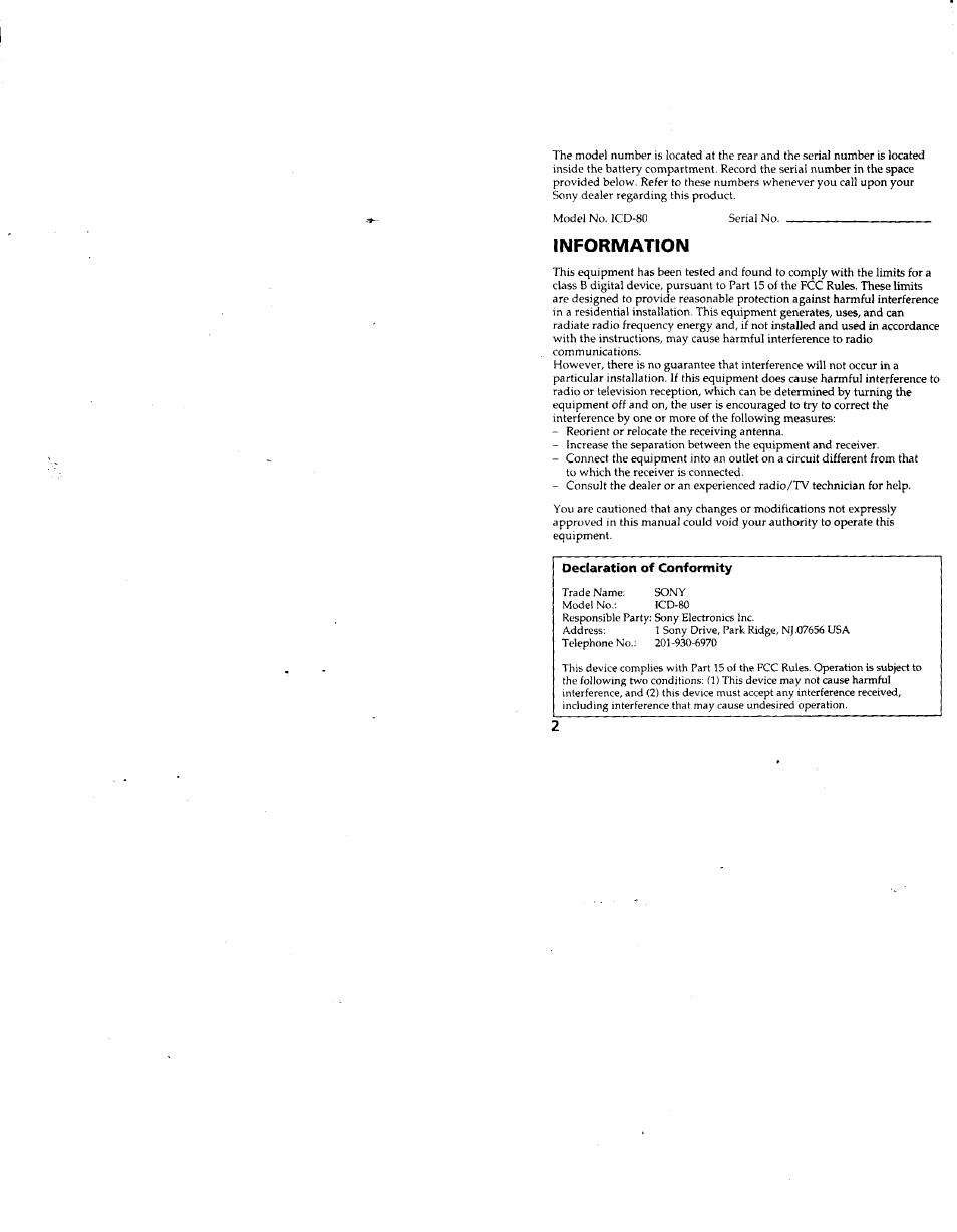 Information | Sony ICD-80 User Manual | Page 2 / 52
