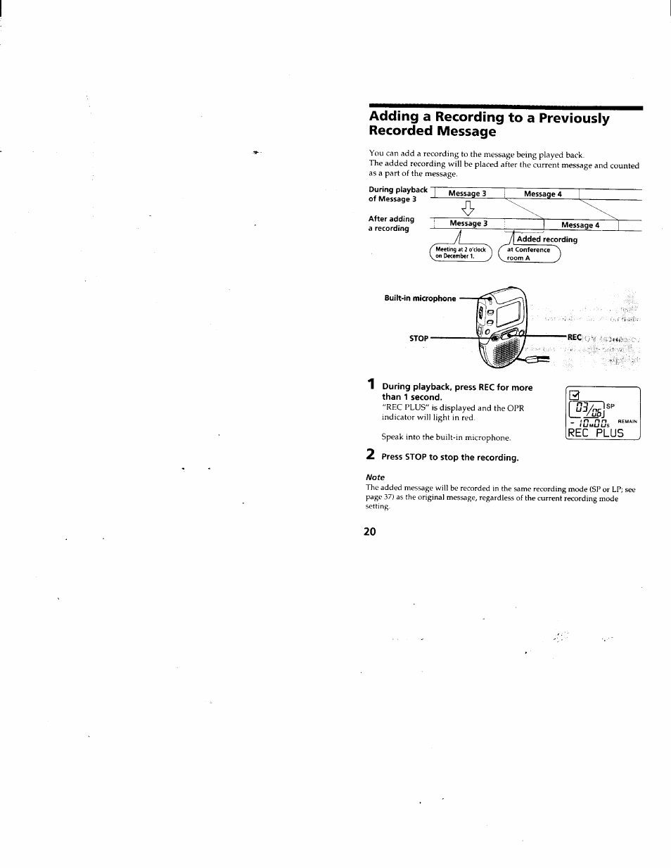 Rec plus, 2 press stop to stop the recording | Sony ICD-80 User Manual | Page 20 / 52