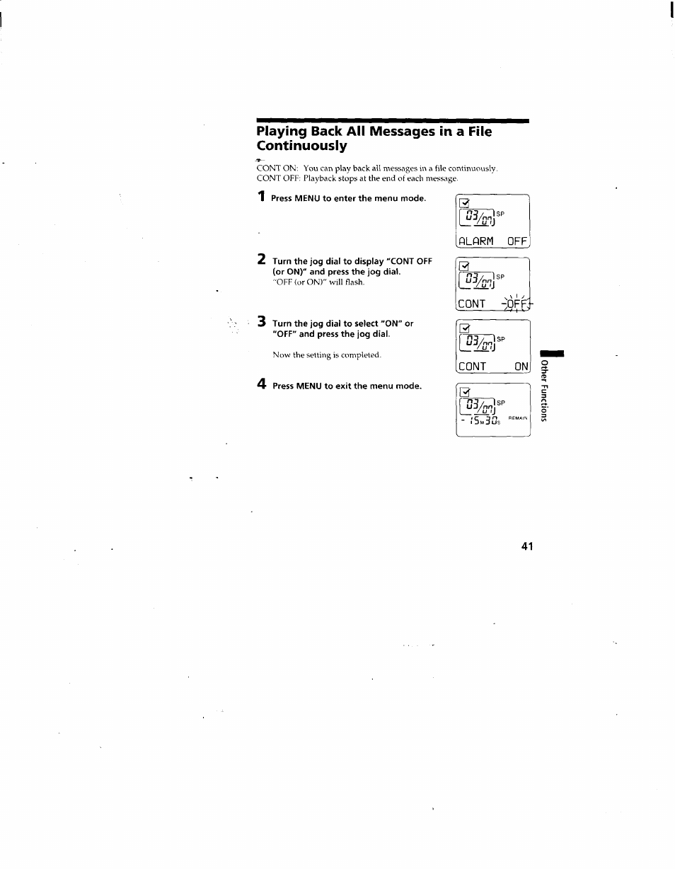 Playing back all messages in a file continuously, Alarm qff | Sony ICD-80 User Manual | Page 41 / 52