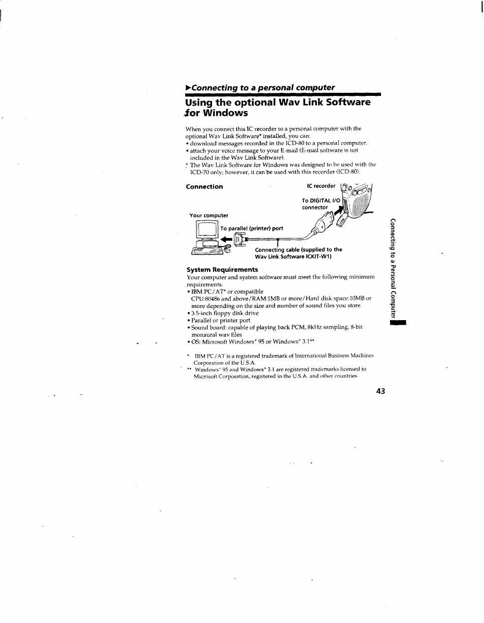 Connecting to a personal computer, Using the optional wav link software ^or windows | Sony ICD-80 User Manual | Page 43 / 52