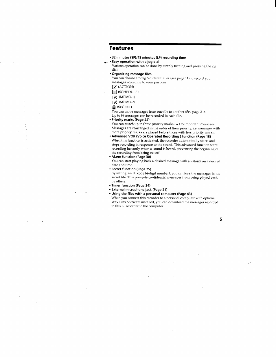 Features, 32 minutes (sp)/48 minutes (lp) recording time, Easy operation with a jog diai | Organizing message files | Sony ICD-80 User Manual | Page 5 / 52