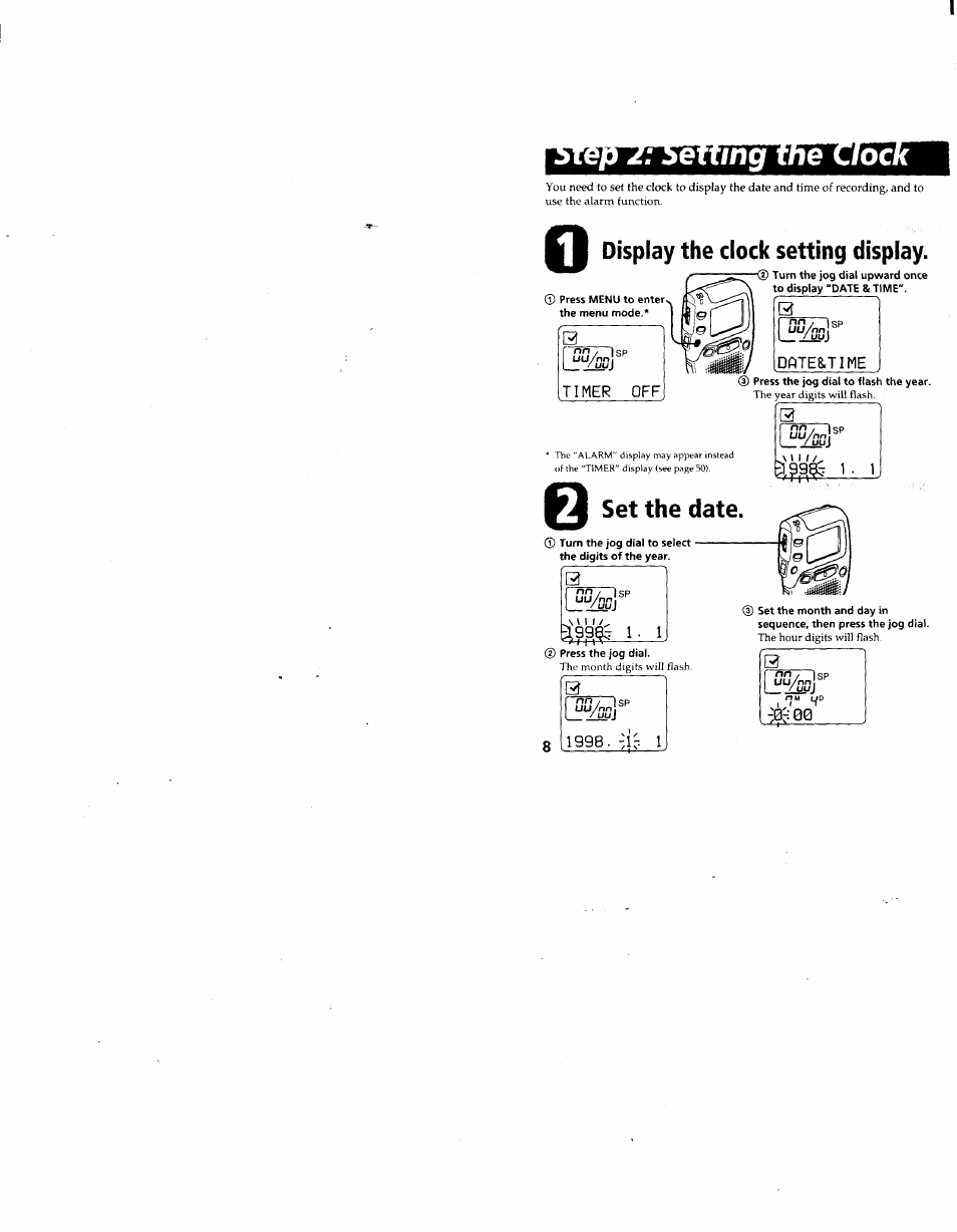 Gine, Date8.time, Display the clock setting display | Set the date | Sony ICD-80 User Manual | Page 8 / 52