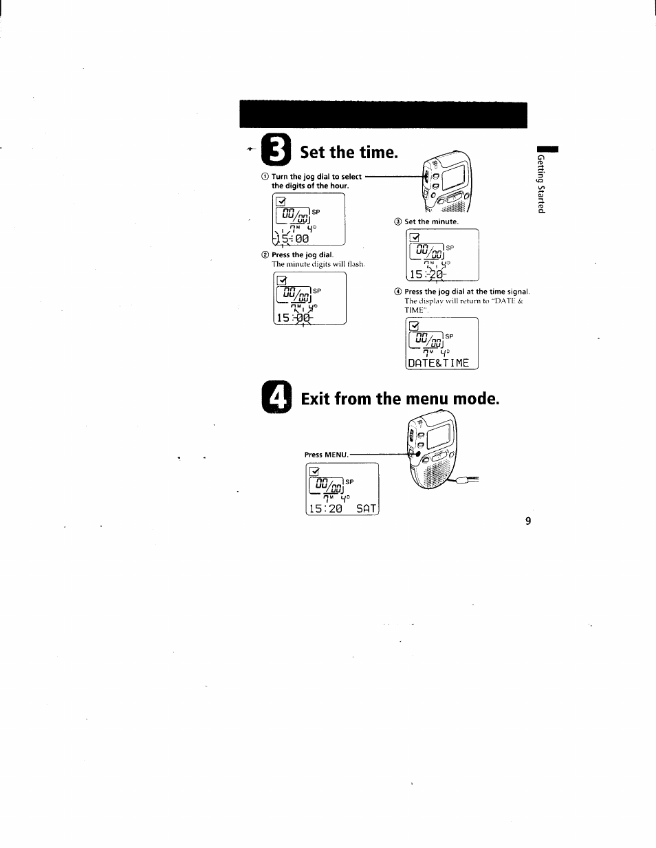 Exit from the menu mode | Sony ICD-80 User Manual | Page 9 / 52