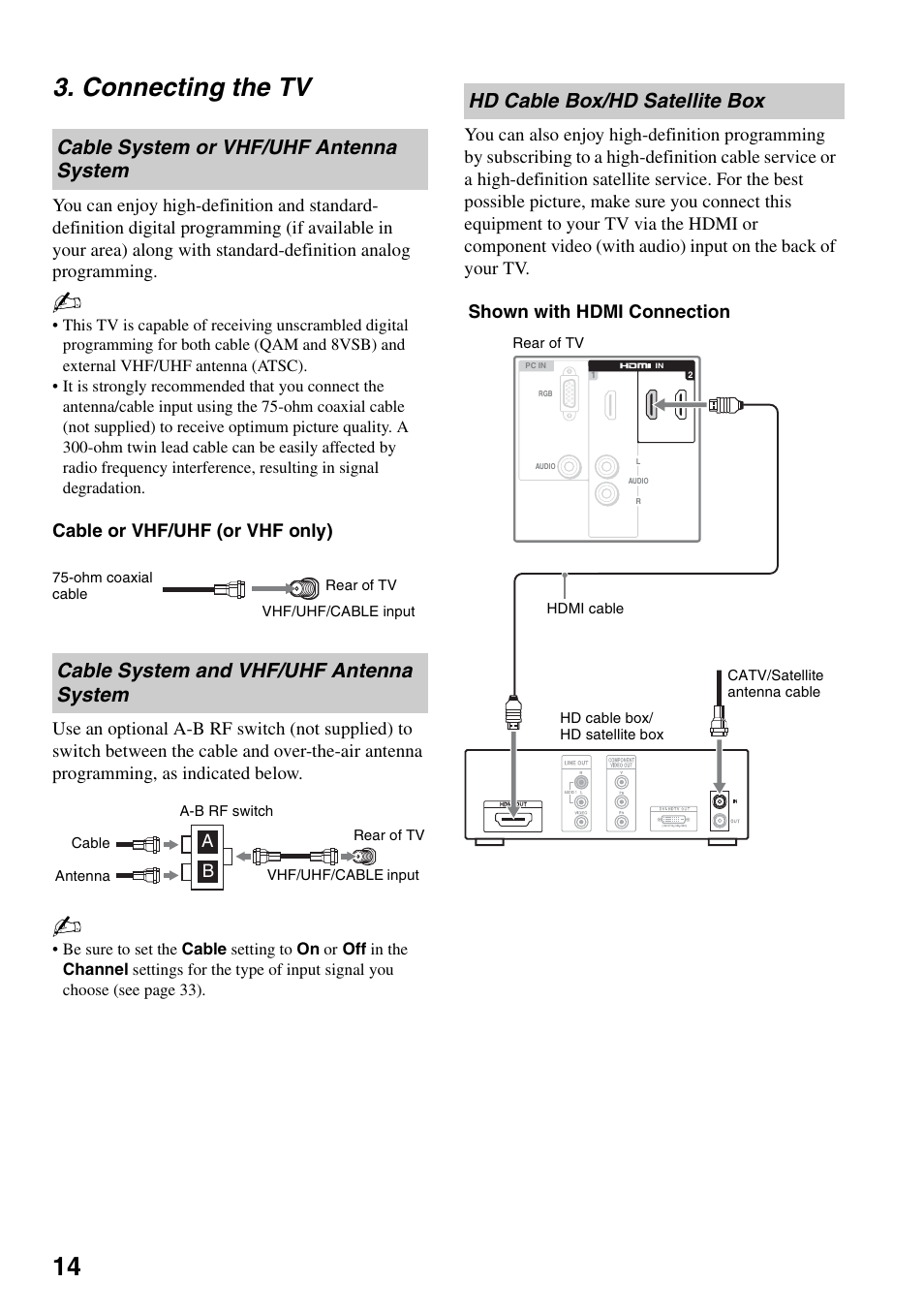 Connecting the tv, Cable system or vhf/uhf antenna system, Cable system and vhf/uhf antenna system | Hd cable box/hd satellite box, Cable system or vhf/uhf antenna, System, Cable system and vhf/uhf antenna, 14 3. connecting the tv, Shown with hdmi connection | Sony KDL-40V3000 User Manual | Page 14 / 48