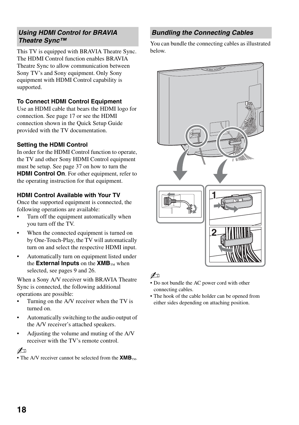 Using hdmi control for bravia theatre sync, Bundling the connecting cables, Using hdmi control for bravia theatre | Sync | Sony KDL-40V3000 User Manual | Page 18 / 48