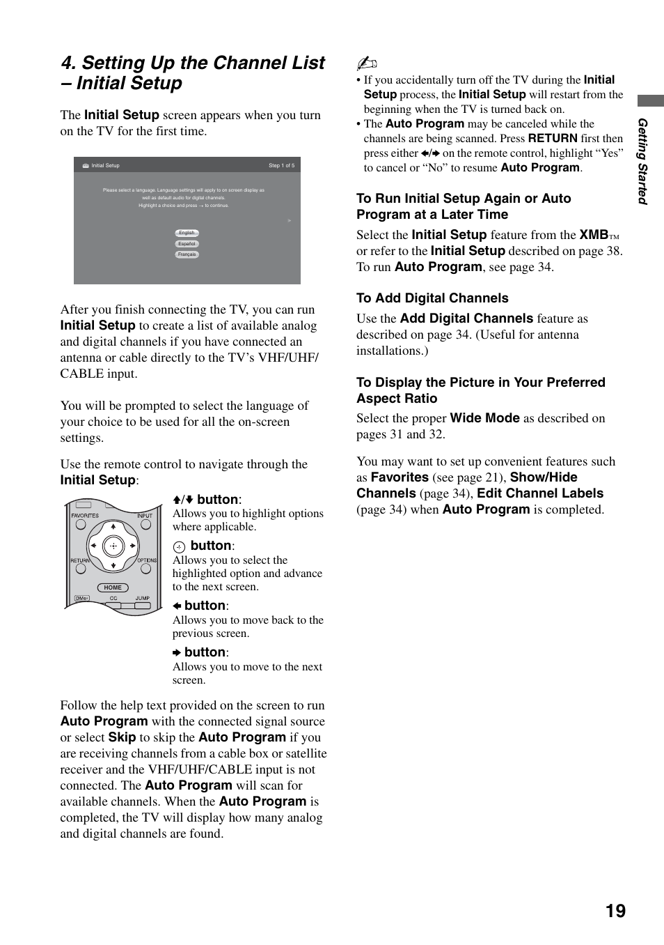 Setting up the channel list - initial setup, Setting up the channel list, Initial setup | Setting up the channel list – initial setup | Sony KDL-40V3000 User Manual | Page 19 / 48