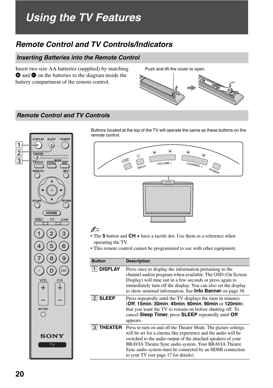 Using the tv features, Remote control and tv controls/indicators, Inserting batteries into the remote control | Remote control and tv controls, Indicators, Inserting batteries into the remote, Control | Sony KDL-40V3000 User Manual | Page 20 / 48