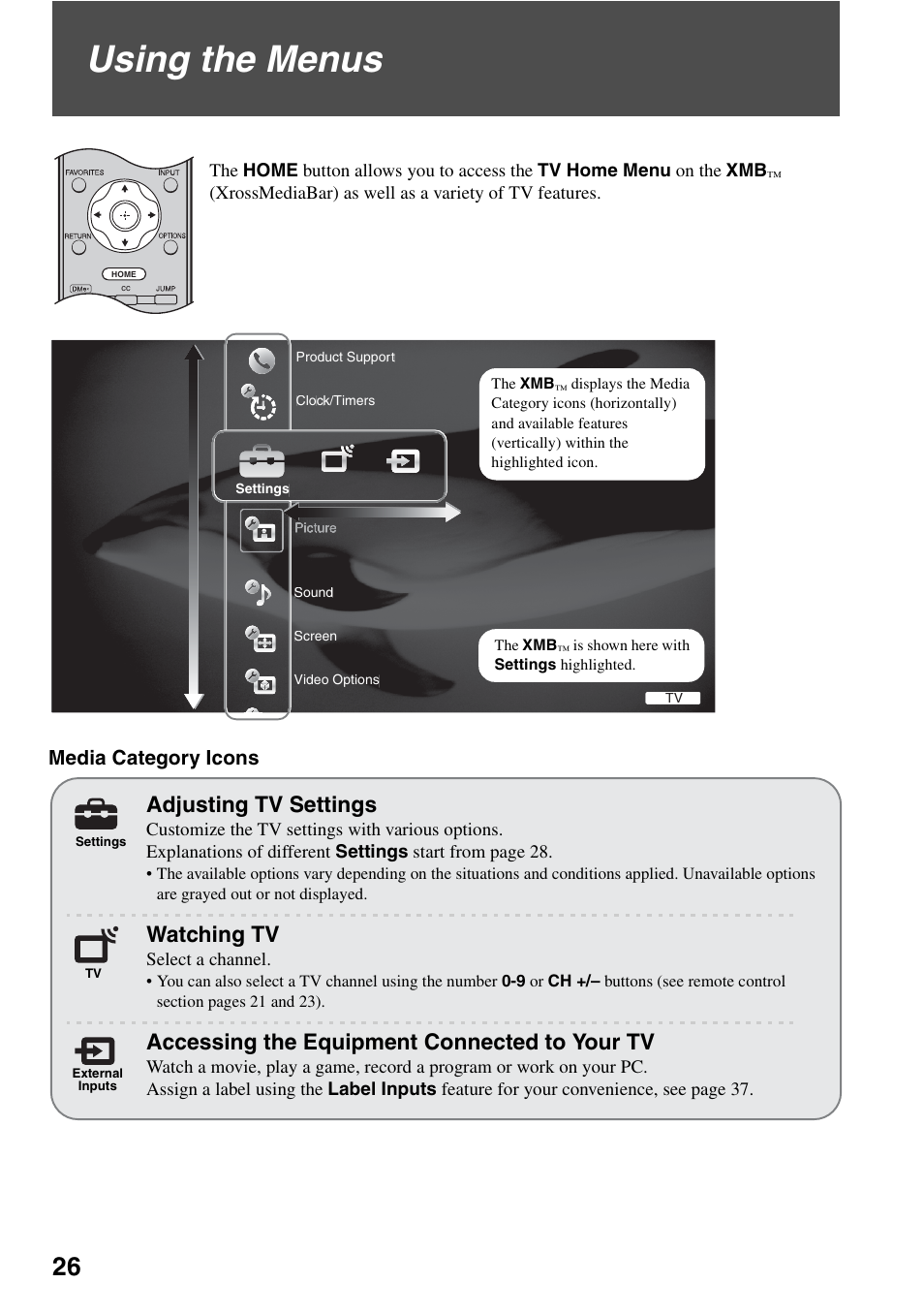 Using the menus, Adjusting tv settings, Watching tv | Accessing the equipment connected to, Your tv, Accessing the equipment connected to your tv | Sony KDL-40V3000 User Manual | Page 26 / 48