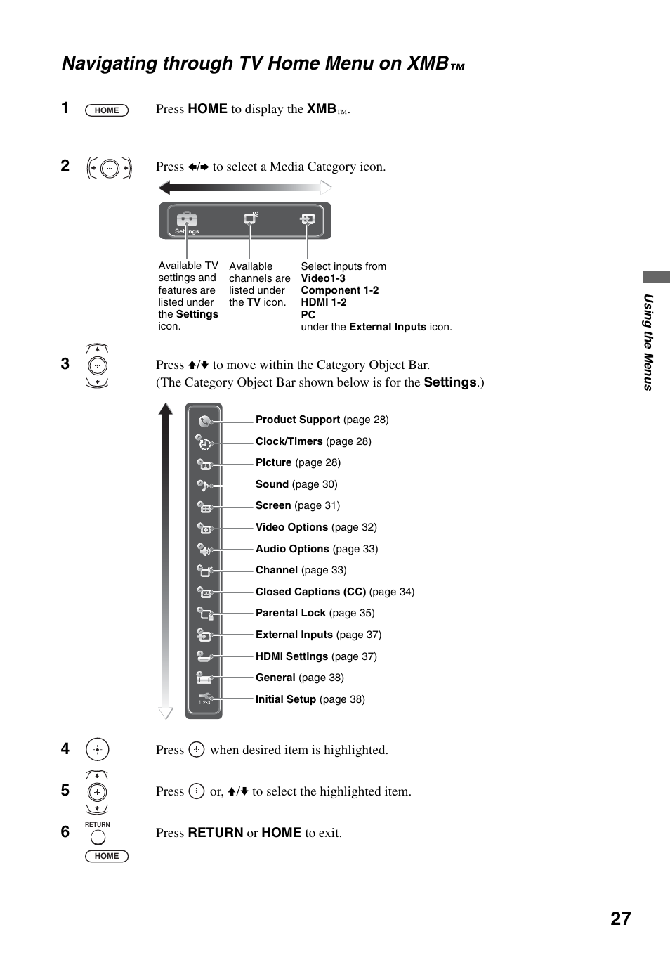 Navigating through tv home menu on xmb, Navigating through tv home menu on | Sony KDL-40V3000 User Manual | Page 27 / 48