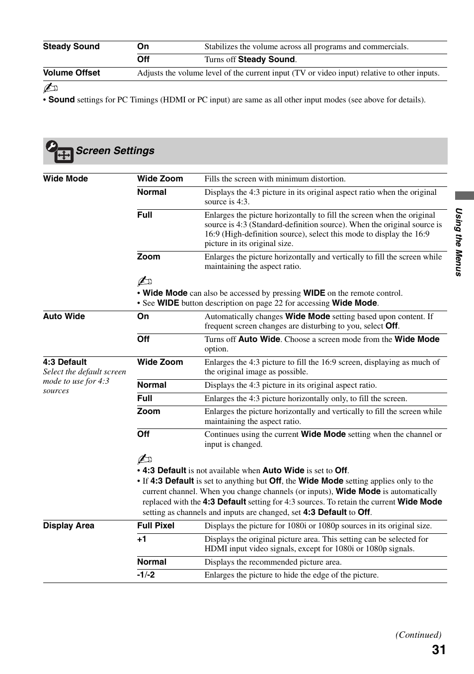 Screen settings | Sony KDL-40V3000 User Manual | Page 31 / 48