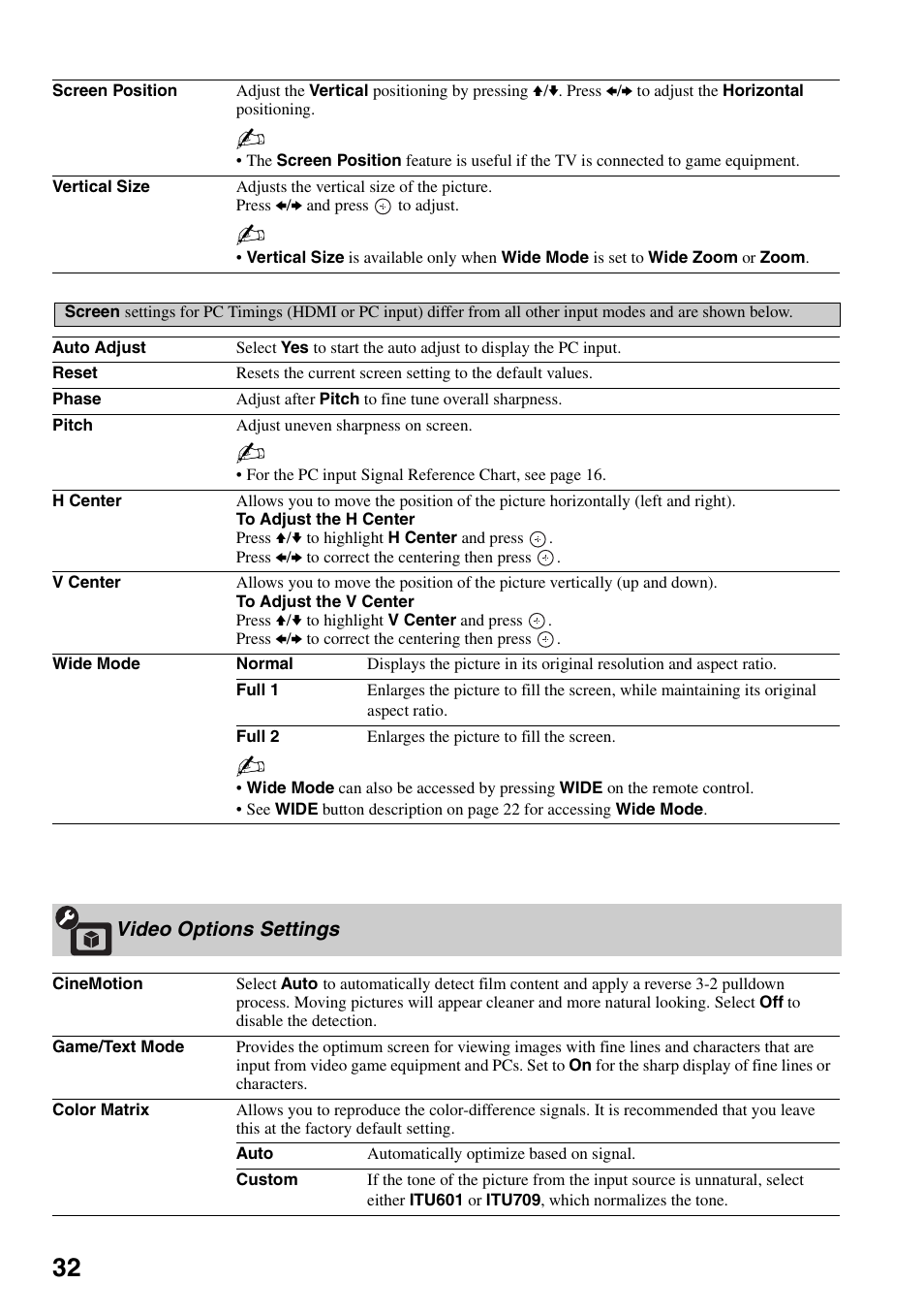 Video options settings, Nd 32 | Sony KDL-40V3000 User Manual | Page 32 / 48
