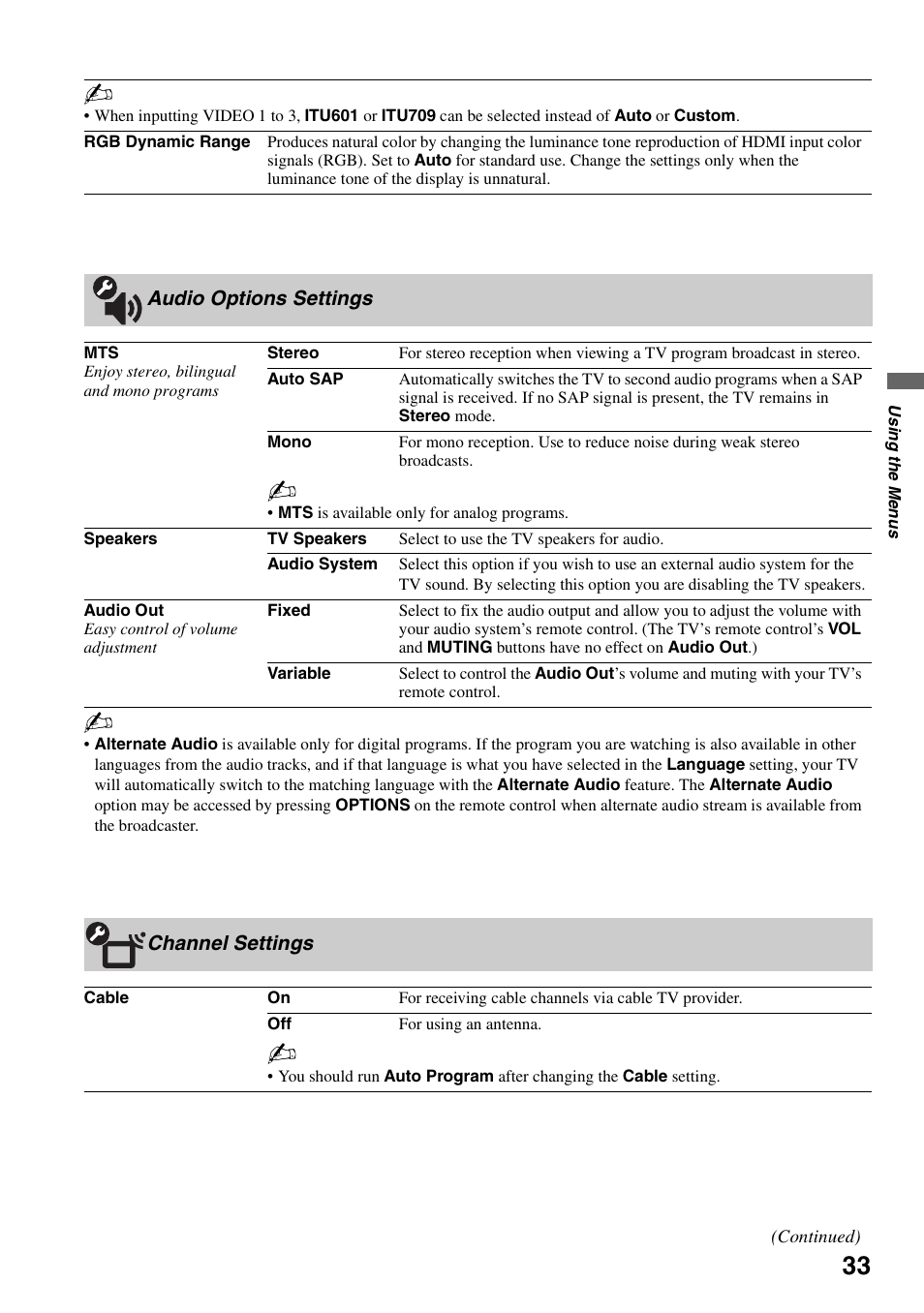Audio options settings, Channel settings, Audio options settings channel settings | Sony KDL-40V3000 User Manual | Page 33 / 48